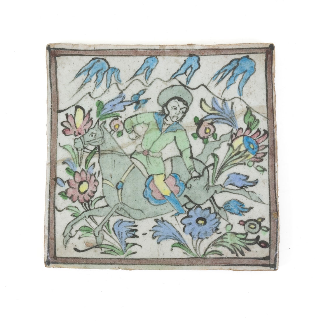 Piastrella, Persia, periodo Qajar (1779 - 1925): Piastrella Cavaliere con arco Persia, periodo Qajar (1779 - 1925) 24,5 x 25 cm A tile Archer on horseback Persia, Qajar period (1779 - 1925) 24,5 x 25 cm