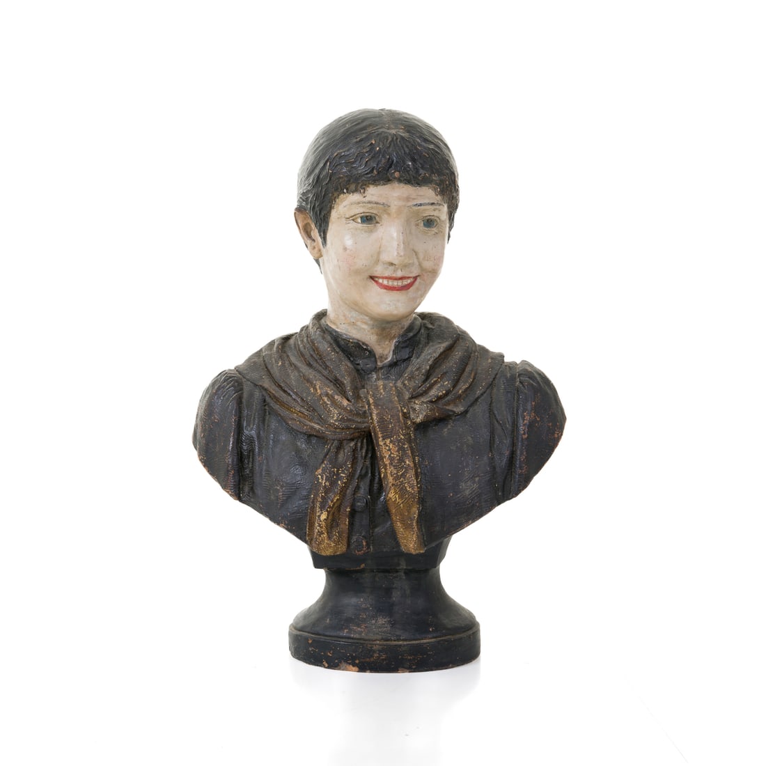 Manifattura italiana del XIX/XX secolo: Manifattura italiana del XIX/XX secolo Busto fanciulla Terracotta dipinta 59 x 44 x 24 cm Italian manufacture of the 19th/20th century Bust of a young girl Painted terracotta 59 × 44 × 24 cm