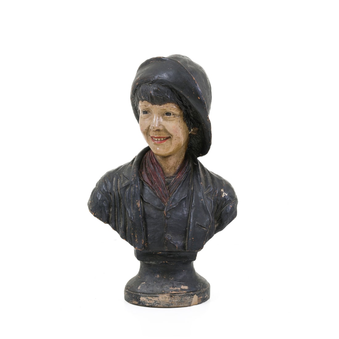 Manifattura italiana del XIX/XX secolo: Manifattura italiana del XIX/XX secolo Busto di fanciullo Terracotta dipinta 59 x 35 x 20 cm Italian manufacture of the 19th/20th century Bust of a young boy Painted terracotta 59 × 35 × 20 cm