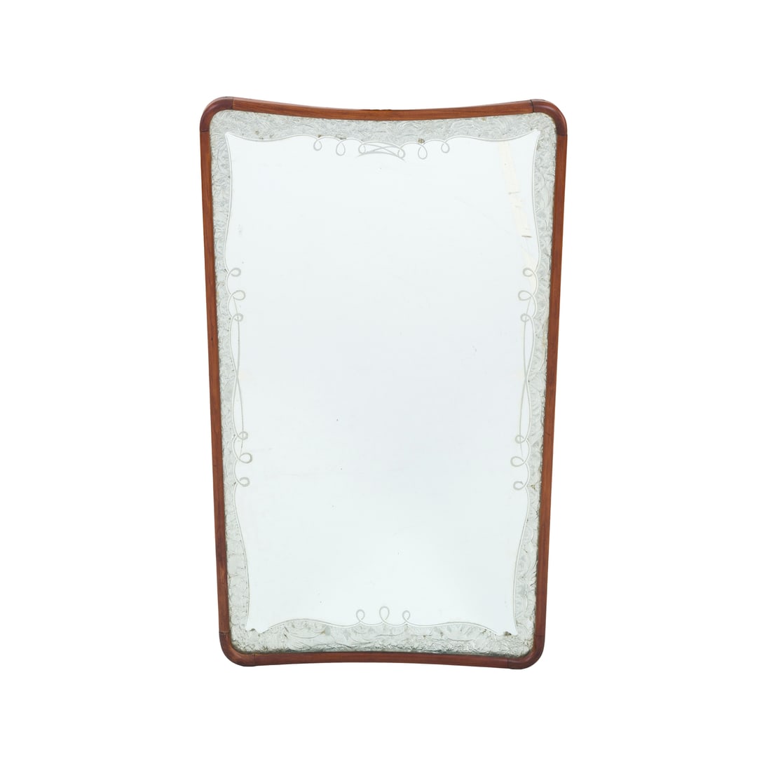 Luigi Fontana, 1940 circa: Luigi Fontana Specchiera Cristallo molato e specchiato, decoro parzialmente inciso e acidato, bordo e schienale in legno Prod. Luigi Fontana Italia, 1940 ca. 88 x 54 cm Luigi Fontana A mirror Cut and 