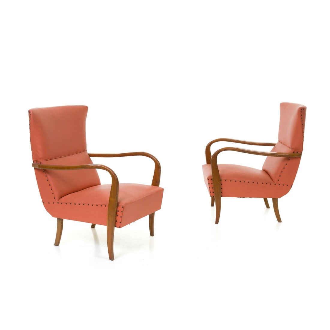 Ufficio Tecnico Cassina, Italia, 1950 ca.: Ufficio Tecnico Cassina Coppia di poltrone Mod. 401 Struttura in legno, rivestimenti in tessuto imbottito Prod. Cassina Italia, 1950 ca. 87 x 60 x 68 cm Bibliografia: Giampiero Bosoni, Made in Cassina