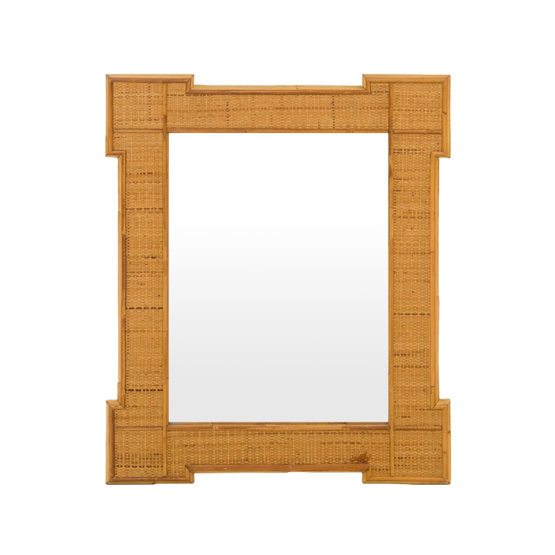 Vivai del Sud attribuito, Italia, 1970 ca.: Vivai del Sud attribuito Specchiera Struttura in bambù e vimini intrecciato, cristallo molato e specchiato Prod. Italia, 1970 ca. 82,5 x 66 cm Vivai del Sud attributed A wall mirror Bamboo and woven 
