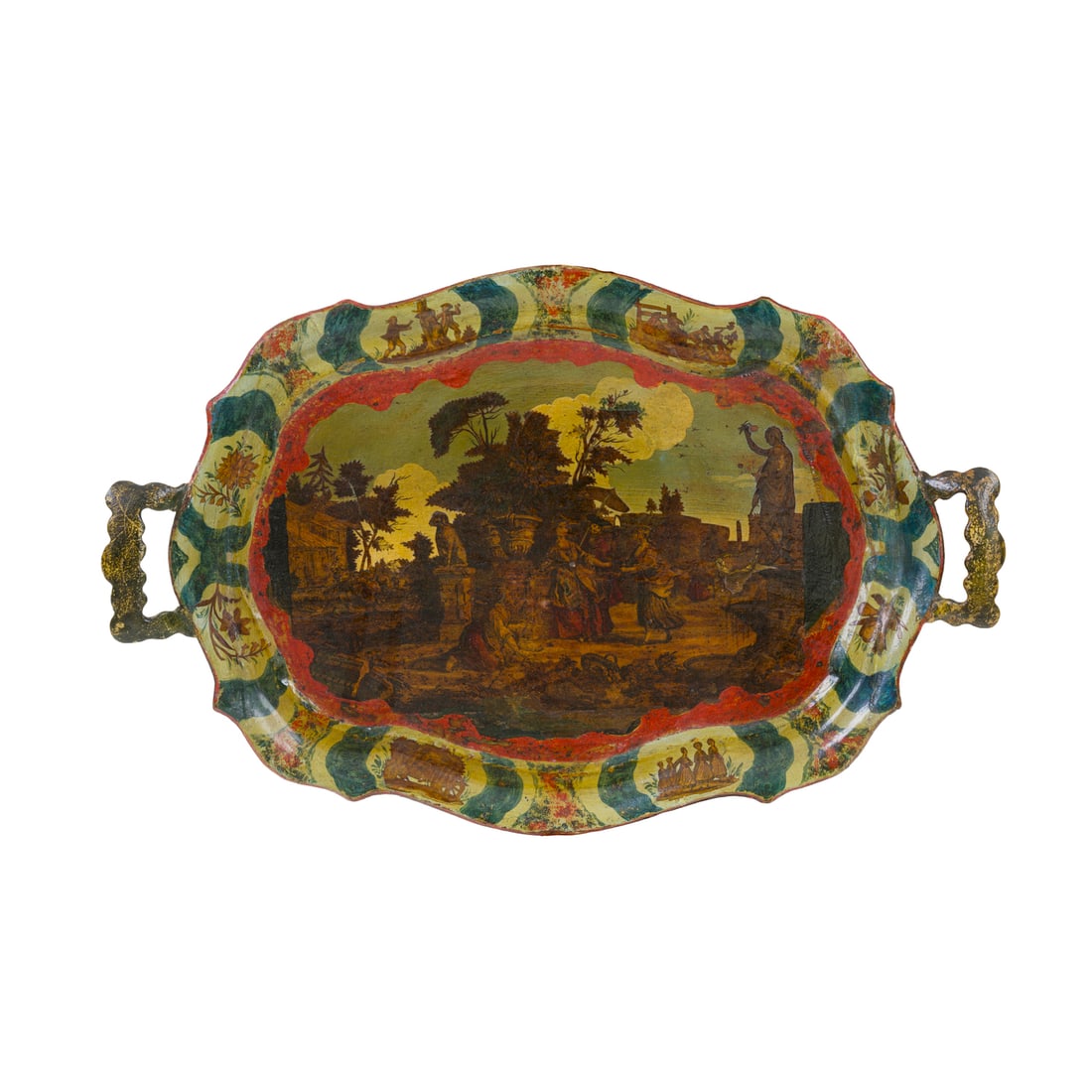 Vassoio, Venezia, XVIII secolo: Vassoio Legno laccato e decorato in stile arte povera Venezia, XVIII secolo 56 x 36,5 cm Di forma polilobata e decoro con soggetto di arcadia in villa A tray Lacquered wood decorated in Arte Povera st