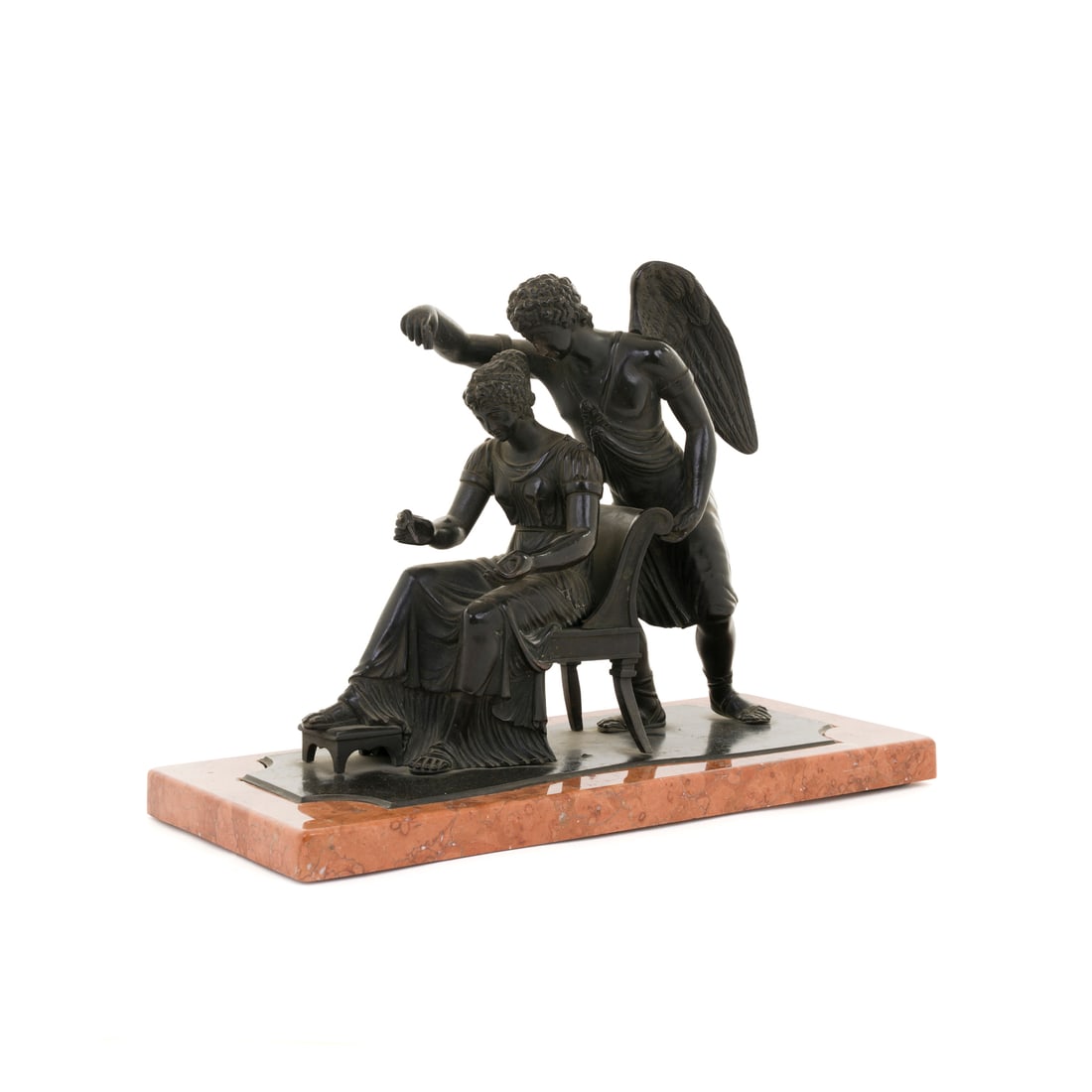 Scultore italiano o francese del XVIII/XIX secolo: Scultore italiano o francese del XVIII/XIX secolo Allegoria h 22,5 cm h 25 cm (con base) Italian or French sculptor of the 18th/19th century Allegory Bronze h 22,5 cm h 25 cm (including the base)