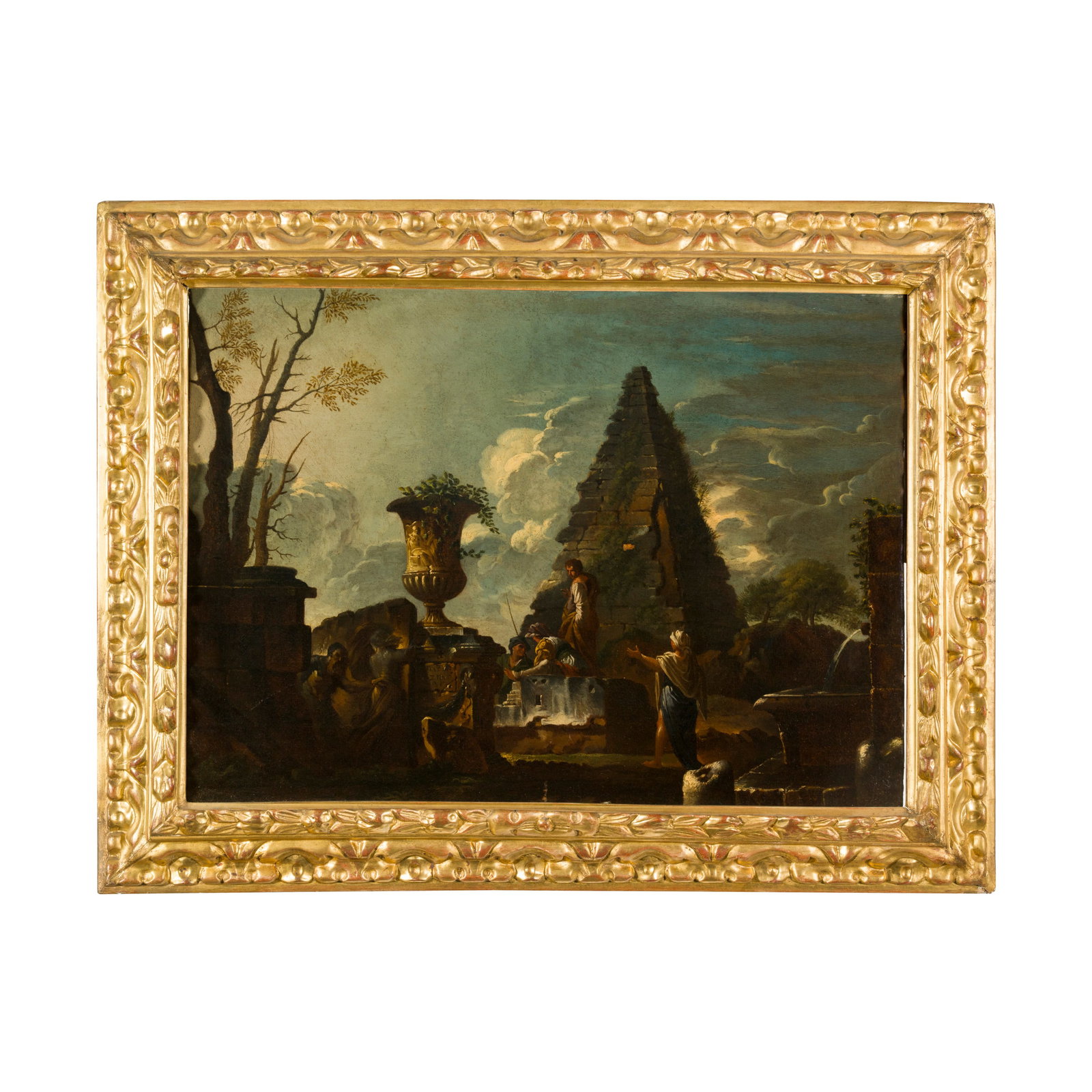 Giovanni Paolo Pannini o Panini (Piacenza 1691 - Roma 1765) attribuito: Giovanni Paolo Pannini o Panini (Piacenza 1691 - Roma 1765) attribuito Rovine e personaggi Olio su tela 49 x 65 cm L'opera trova preciso riferimento con la tela Predica di una sibilla, pubblicata in F