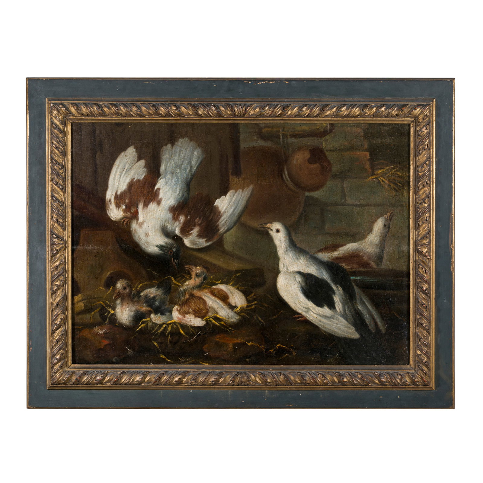 Giovanni Agostino Cassana (Mirandola 1658 circa - Genova 1720): Giovanni Agostino Cassana (Mirandola 1658 circa - Genova 1720) Piccioni sfamano i loro pulcini Olio su tela 64,5 x 90 cm Un preciso elemento di confronto lo ritroviamo nel dipinto quasi identico esita