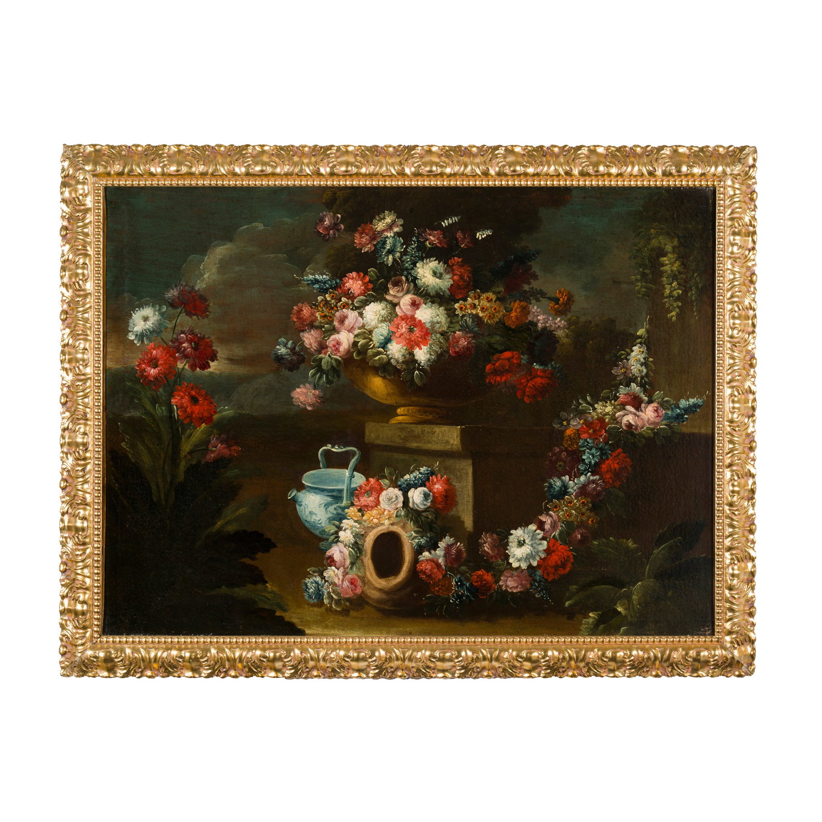 Gaspare Lopez, Gasparo dei Fiori (Napoli 1650 - Firenze o Venezia 1740): Gaspare Lopez, Gasparo dei Fiori (Napoli 1650 - Firenze o Venezia 1740) Vaso e corona di fiori in un giardino Olio su tela 72 x 96,5 cm Gaspare fu allievo di Andrea Belvedere e probabilmente anche di 