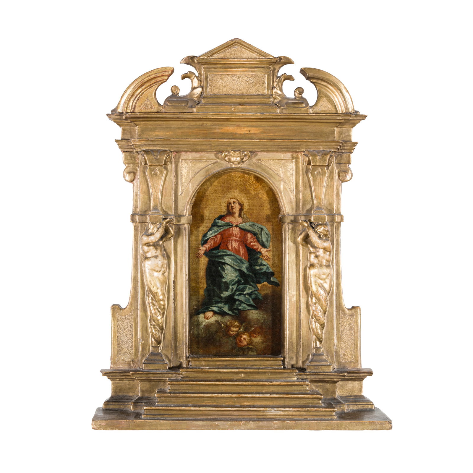 Gianandrea Sirani (Bologna 1610 - 1670) bottega di: Gianandrea Sirani (Bologna 1610 - 1670) bottega di Assunzione della Vergine Maria Olio su tela applicata su tavola 31 x 16 cm Il dipinto è conservato con un'antica e importante cornice detta ad ancon