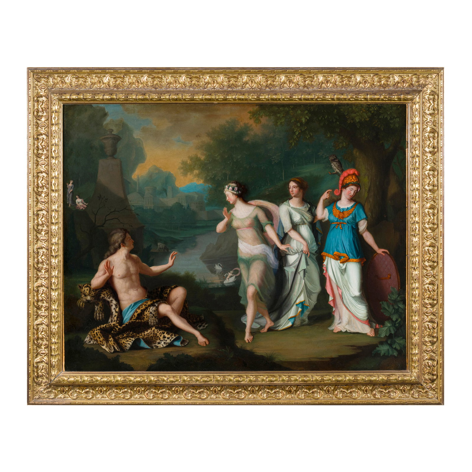 Scuola Neoclassica francese del XVIII secolo: Scuola Neoclassica francese del XVIII secolo Giudizio di Paride Olio su tela 70 x 90 cm French Neoclassical school of the 18th century The Judgment of Paris Oil on canvas 70 x 90 cm