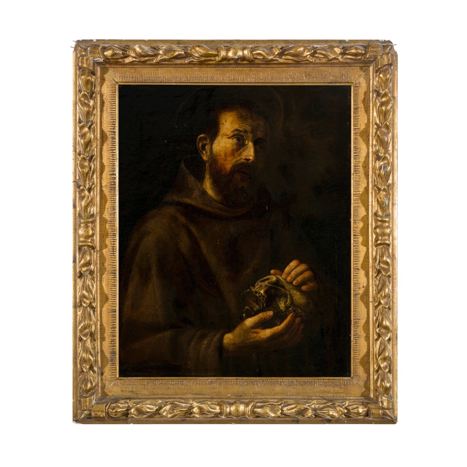 Scuola caravaggesca napoletana del XVII secolo: Scuola caravaggesca napoletana del XVII secolo San Francesco in meditazione Olio su tela 90 x 70 x 50 cm Nel 1606, Caravaggio fuggì da Roma rifugiandosi a Napoli. Nel primo soggiorno partenopeo, che 