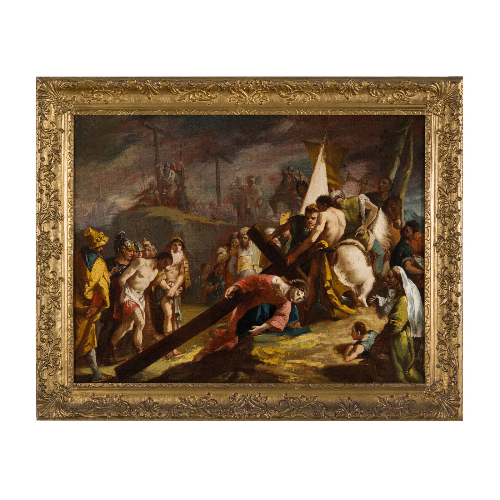 Giambattista Tiepolo (Venezia 1696 - Madrid 1770) bottega/cerchia: Giambattista Tiepolo (Venezia 1696 - Madrid 1770) bottega/cerchia Bozzetto per Salita al Calvario Olio su tela 87 x 101 cm Riferimento fotografico: bozzetto della Salita al Calvario conservato al Staa