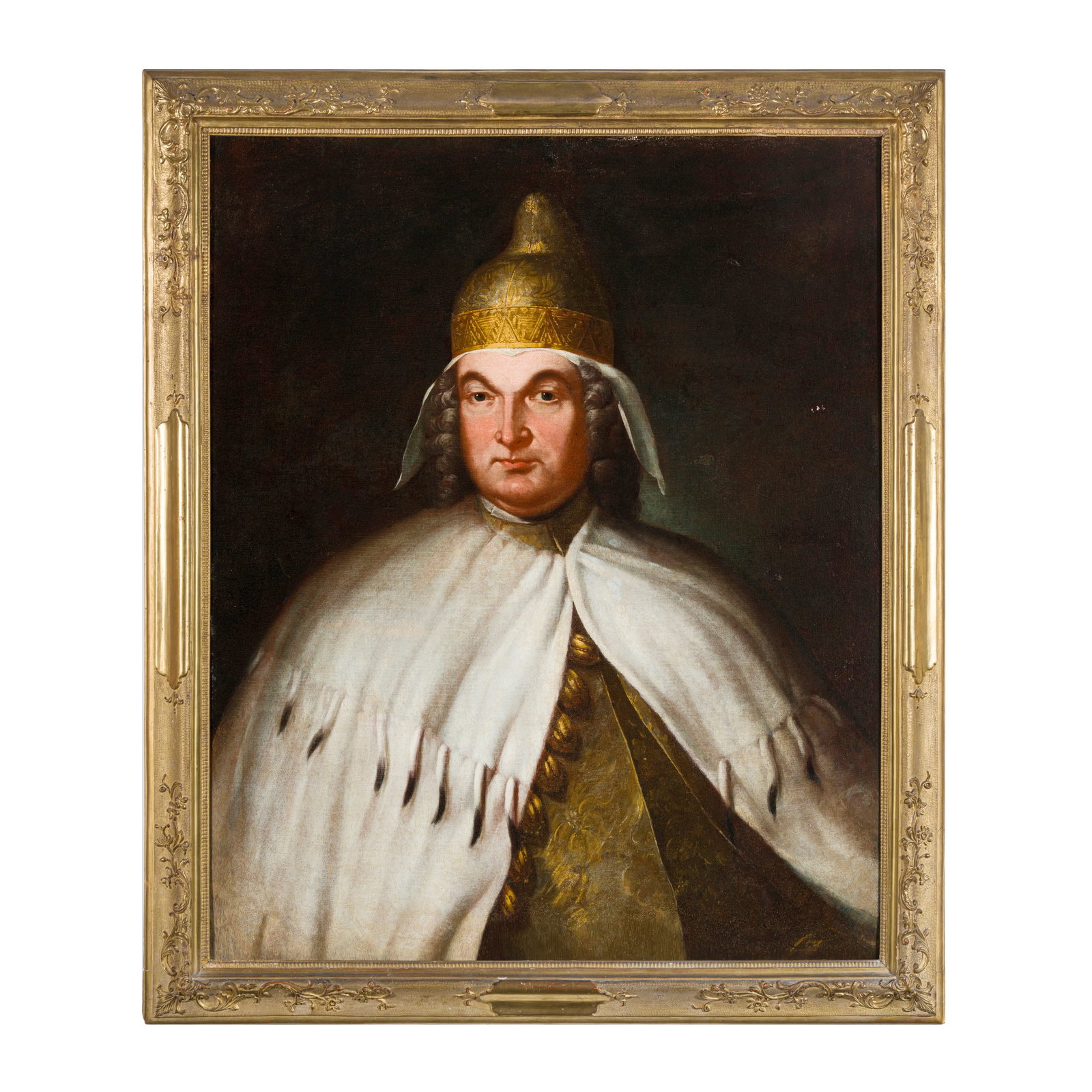 Scuola veneta del XVIII secolo: Scuola veneta del XVIII secolo Ritratto del Doge Pietro Grimani Olio su tela 89 x 72 cm Il dipinto riprende il ritratto eseguito da Bartolomeo Nazari Opera esposta nella Mostra Di storie e di Arte Tre