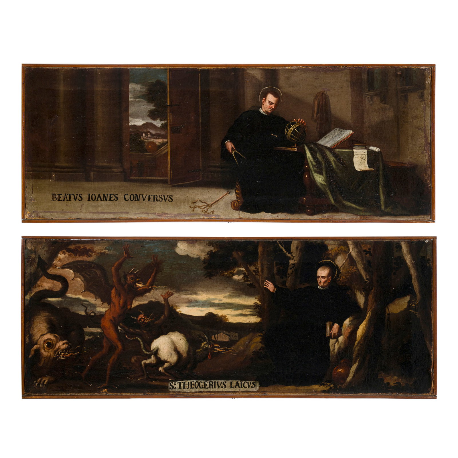 Scuola spagnola del XVII secolo: Scuola spagnola del XVII secolo Monaco nel suo studio (San Beato di Liébana ?) - Santo monaco respinge le tentazioni del Diavolo Olio su tela 30 x 80 cm Un dipinto reca la dicitura Beatus Ioanes conv