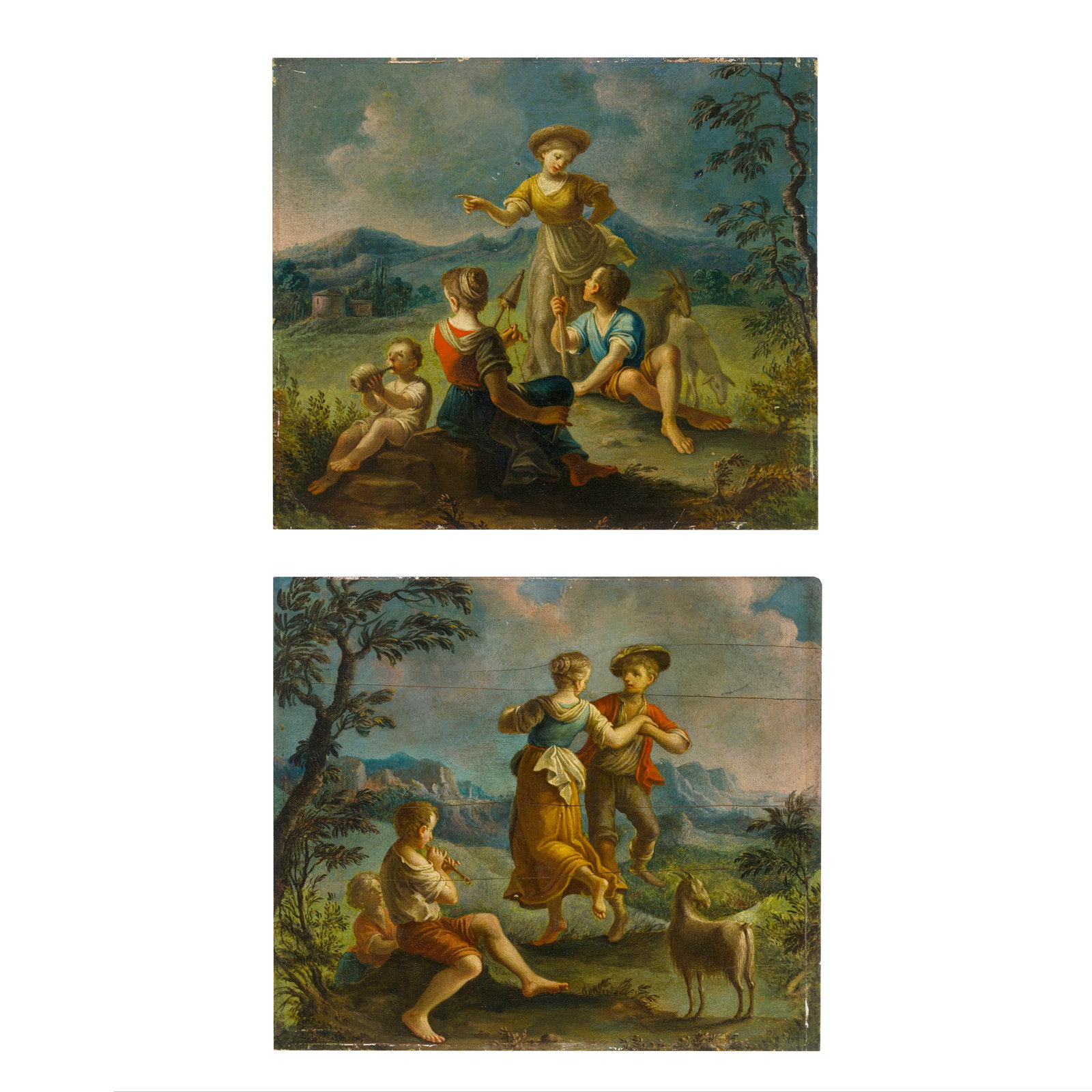 Stefano Ghirardini o Gherardini (Bologna 1696 - 1756) attribuito: Stefano Ghirardini o Gherardini (Bologna 1696 - 1756) attribuito Contadini che suonano e danzano - Pastori in un paesaggio Olio su tavola 33 x 39 cm - 33 x 38 cm La sua biografia è scarna di notizie,