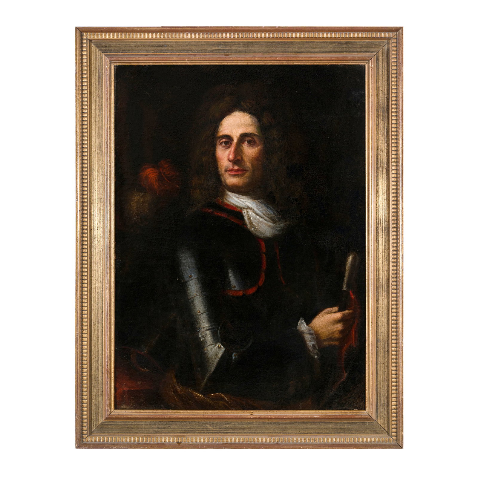 Scuola lombarda del XVII/XVIII secolo: Scuola lombarda del XVII/XVIII secolo Ritratto di condottiero con bastone di comando Olio su tela 88,5 x 64,5 cm Lombard school of the 17th/18th century Portrait of a Military Commander with a Baton o