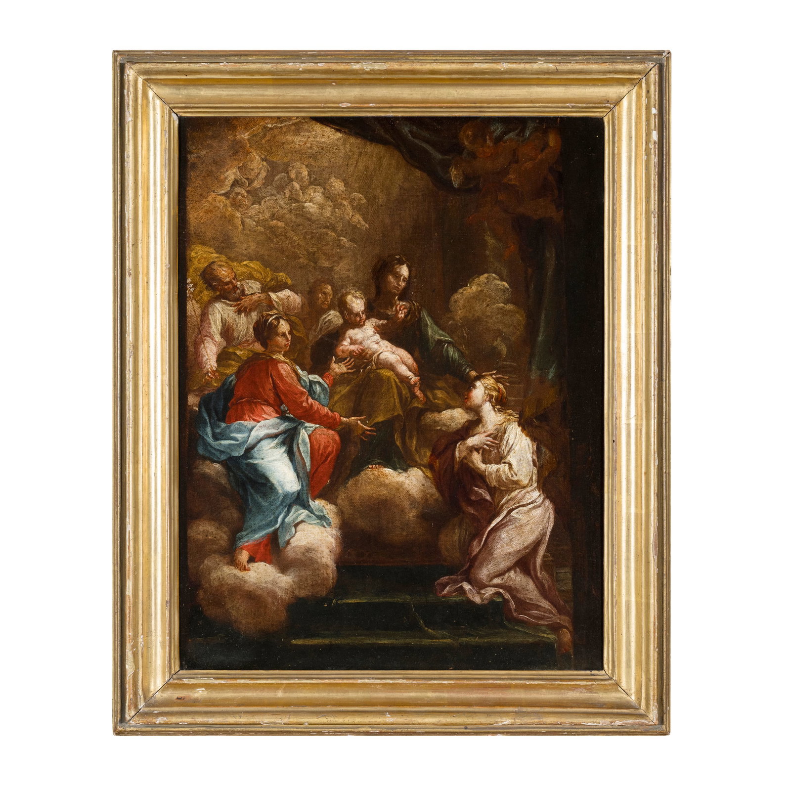 Agostino Masucci (Roma 1691 circa - 1758) attribuito: Agostino Masucci (Roma 1691 circa - 1758) attribuito Sacra Famiglia e santi Olio su tela 46 x 35 cm La costruzione piramidale delle figure, i tre gradini, gli atteggiamenti plastici ed enfatici dei pe