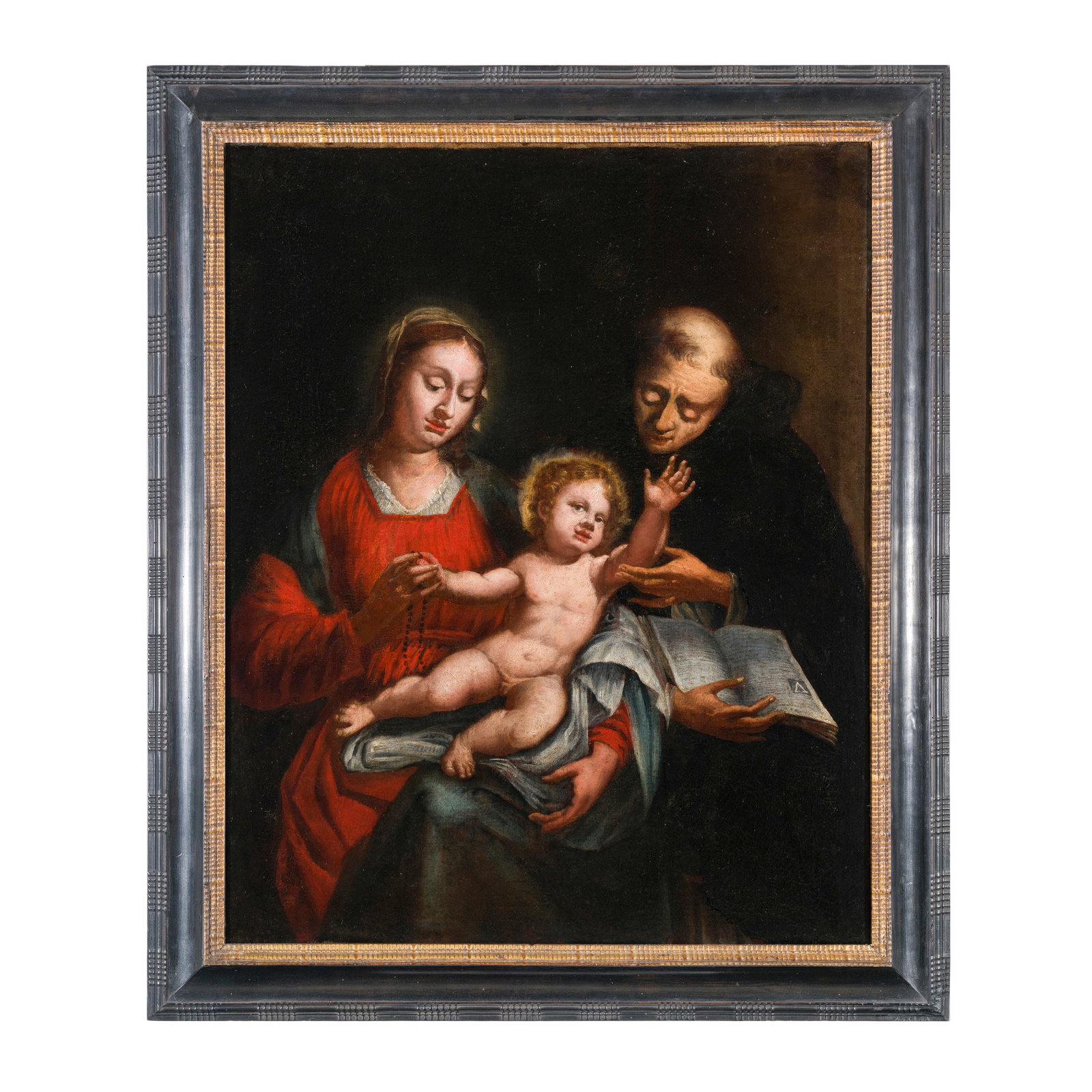 Scuola genovese del XVII secolo: Scuola genovese del XVII secolo Madonna col Bambino e San Nicola da Tolentino (?) Olio su tela 85 x 67 cm Genoese school of the 17th century Madonna and Child with Saint Nicholas of Tolentino (?) Oil 