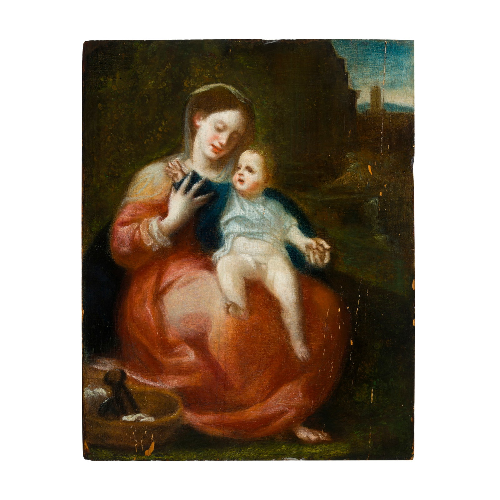 Antonio Allegri, il Correggio (Correggio 1489 - 1534) seguace di: Antonio Allegri, il Correggio (Correggio 1489 - 1534) seguace di Madonna della Cesta Olio su tavola 40 x 31,5 cm L'opera riprende La Madonna della Cesta del Correggio conservato presso la National Gal