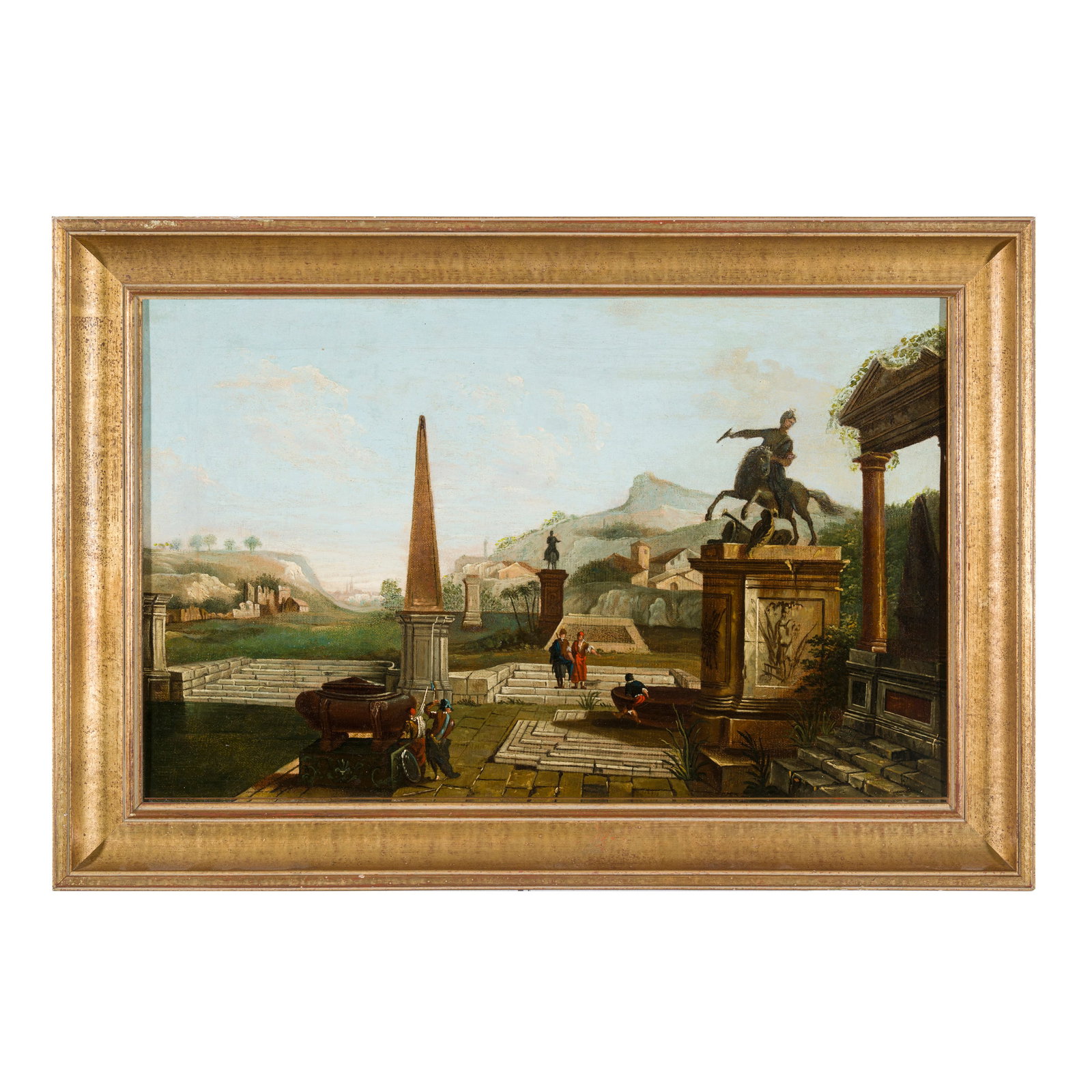 Francesco Albotto (Venezia 1721 - 1757) bottega di: Francesco Albotto (Venezia 1721 - 1757) bottega di Capriccio con obelisco e statue equestri Olio su tela 34 x 55 cm L'opera riprende il dipinto conservato nelle Collezioni del Castello Sforzesco di Mi