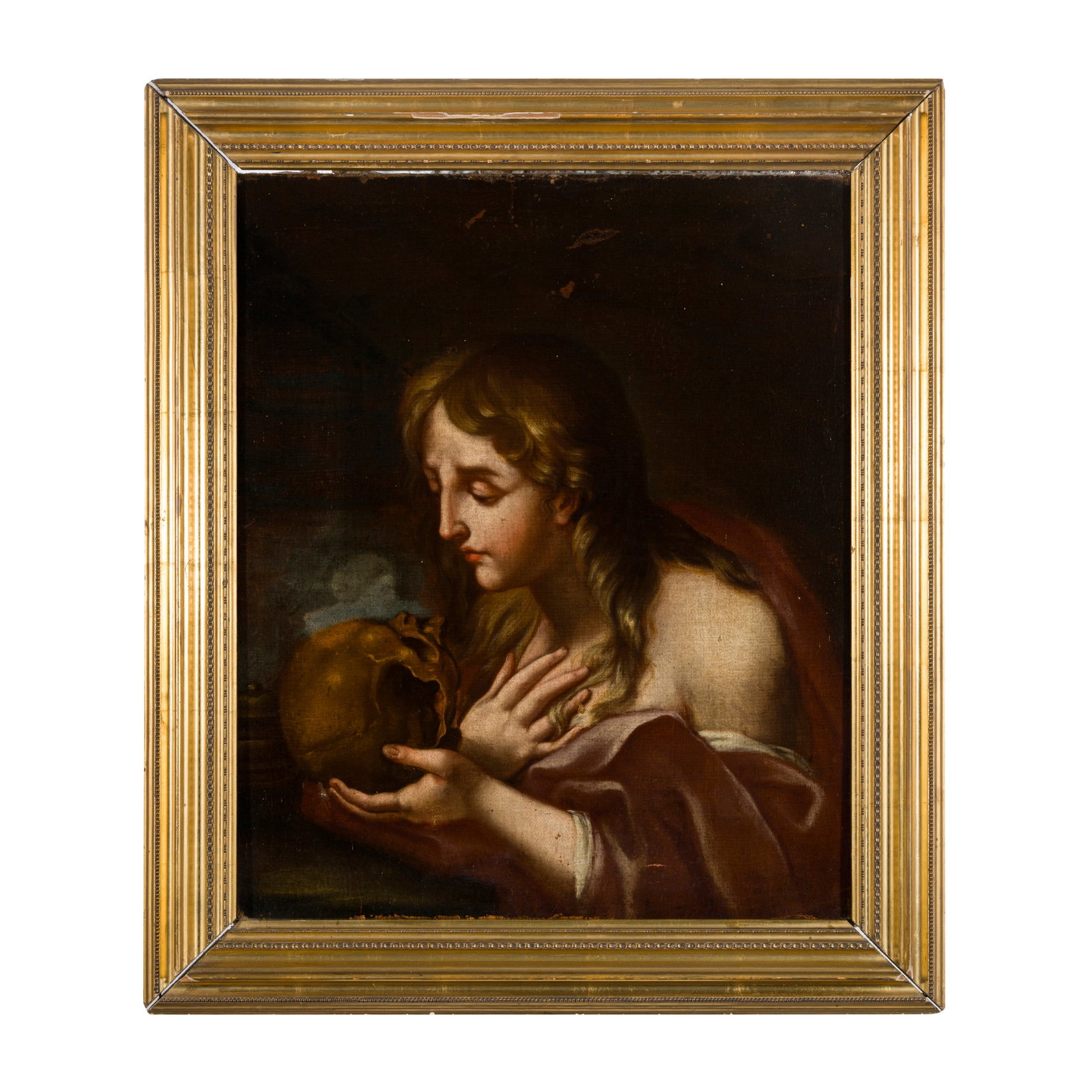 Scuola romana del XVII secolo: Scuola romana del XVII secolo Santa Maria Maddalena in meditazione Olio su tela 72 x 59,5 cm Roman school of 17th century Saint Mary Magdalene in Meditation Oil on canvas 72 x 59,5 cm