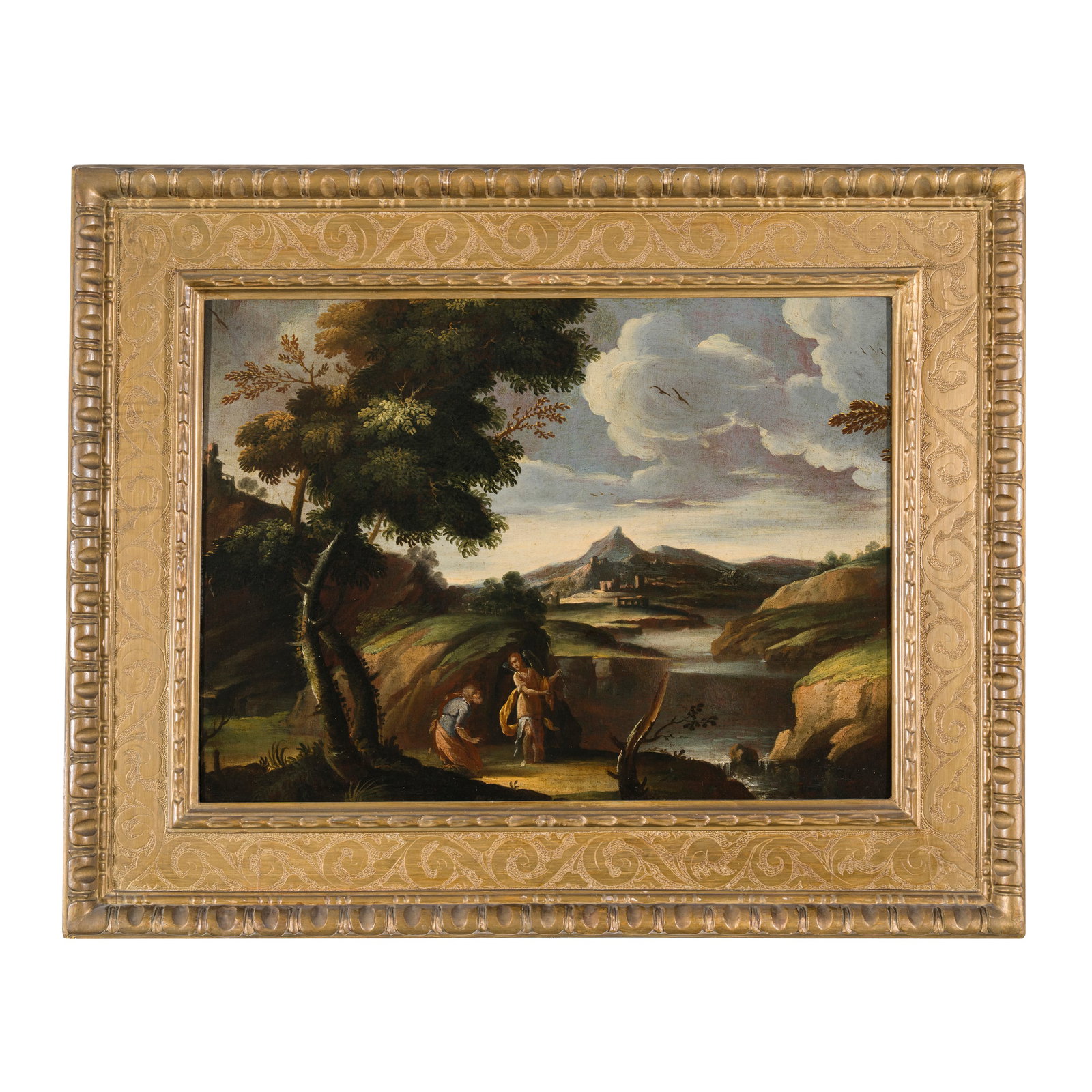 Scuola italiana del XVII secolo: Scuola italiana del XVII secolo Paesaggio Olio su tela 51 x 69 cm (piegata al retro nei quattro lati) Italian school of the 17th century Landscape Oil on canvas 51 x 69 cm (folded at the back on all f