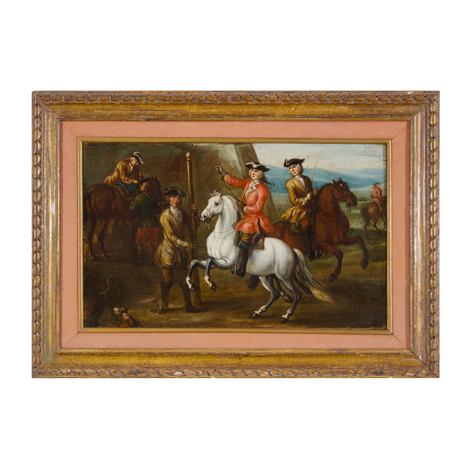 Christian Reder (Lipsia 1656 - Roma 1729) attribuito: Christian Reder (Lipsia 1656 - Roma 1729) attribuito Lezione di equitazione Olio su tela 23,5 x 38,5 cm Dopo aver fatto i primi passi nel mondo della pittura con l'apprendistato ad Amburgo, viaggiò i
