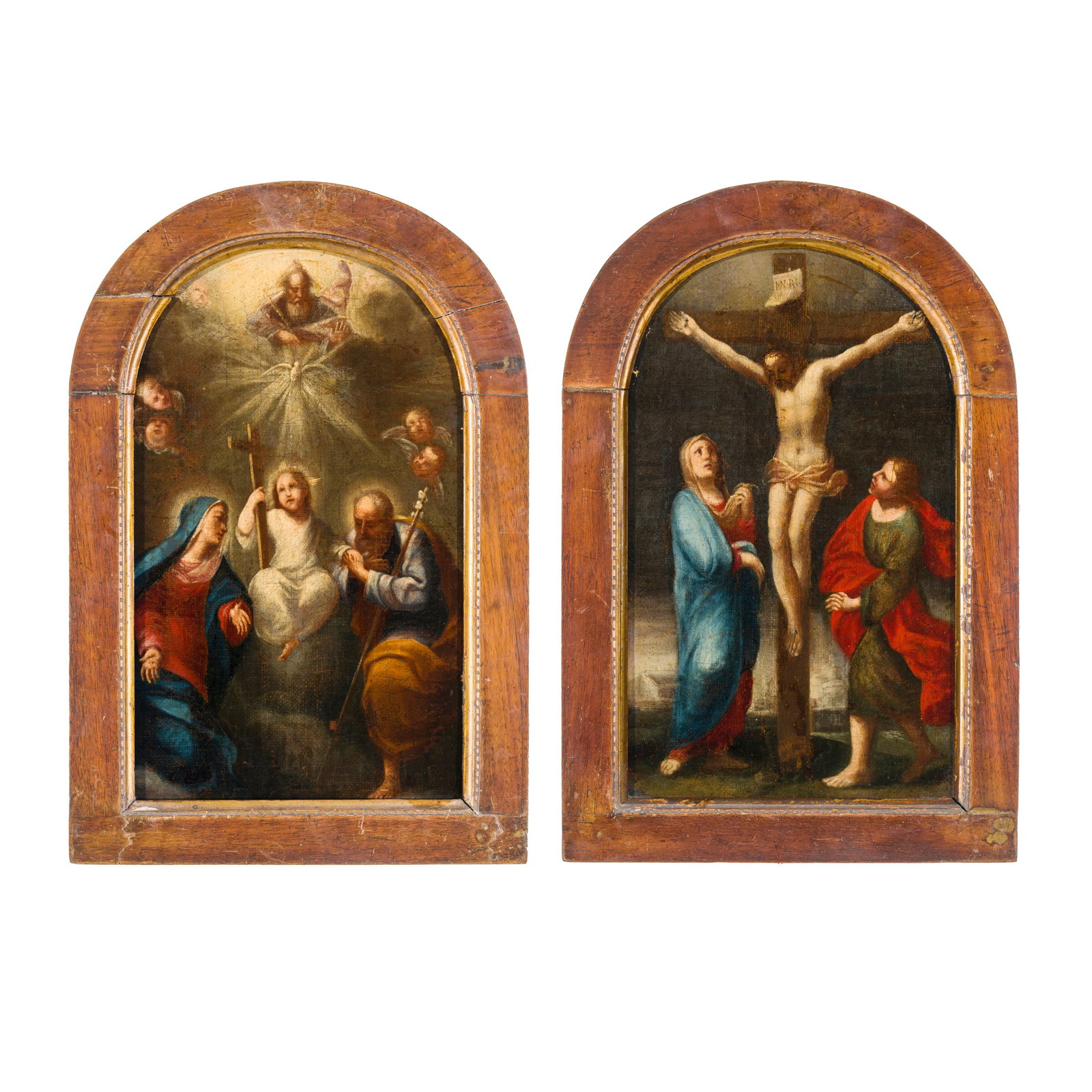 Scuola emiliana del XVII secolo: Scuola emiliana del XVII secolo La Crocifissione - La Trinità e Sacra Famiglia Olio su tela 34,5 x 21 cm Emilian school of the 17th century The Crucifixion - The Trinity and the Holy Family Oil on ca