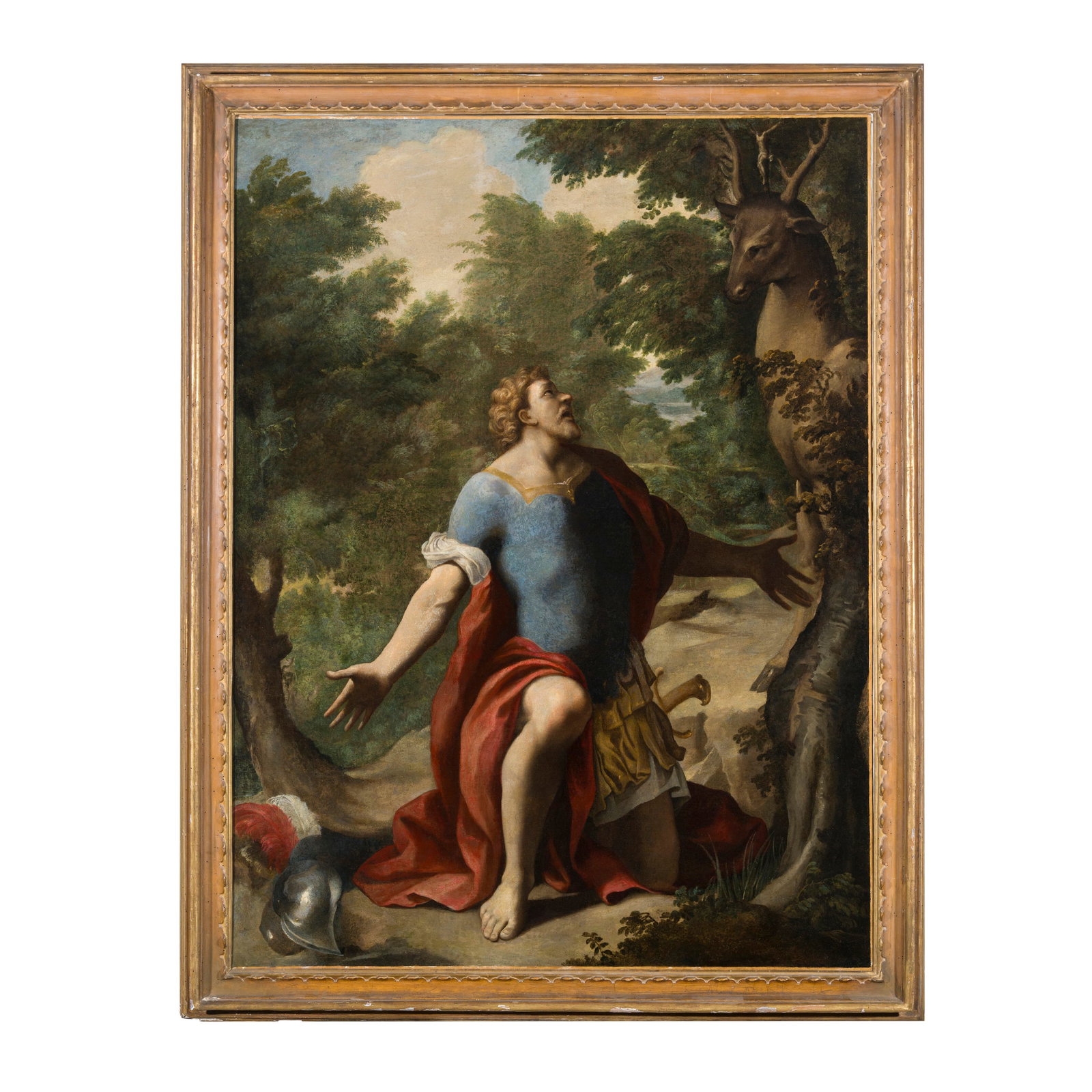 Pittore attivo a Roma nel XVII/XVIII secolo: Pittore attivo a Roma nel XVII/XVIII secolo Visione di Sant'Eustachio Olio su tela 152 x 114 cm Painter active in Rome in the 17th/18th century Vision of Saint Eustace Oil on canvas 152 x 114 cm
