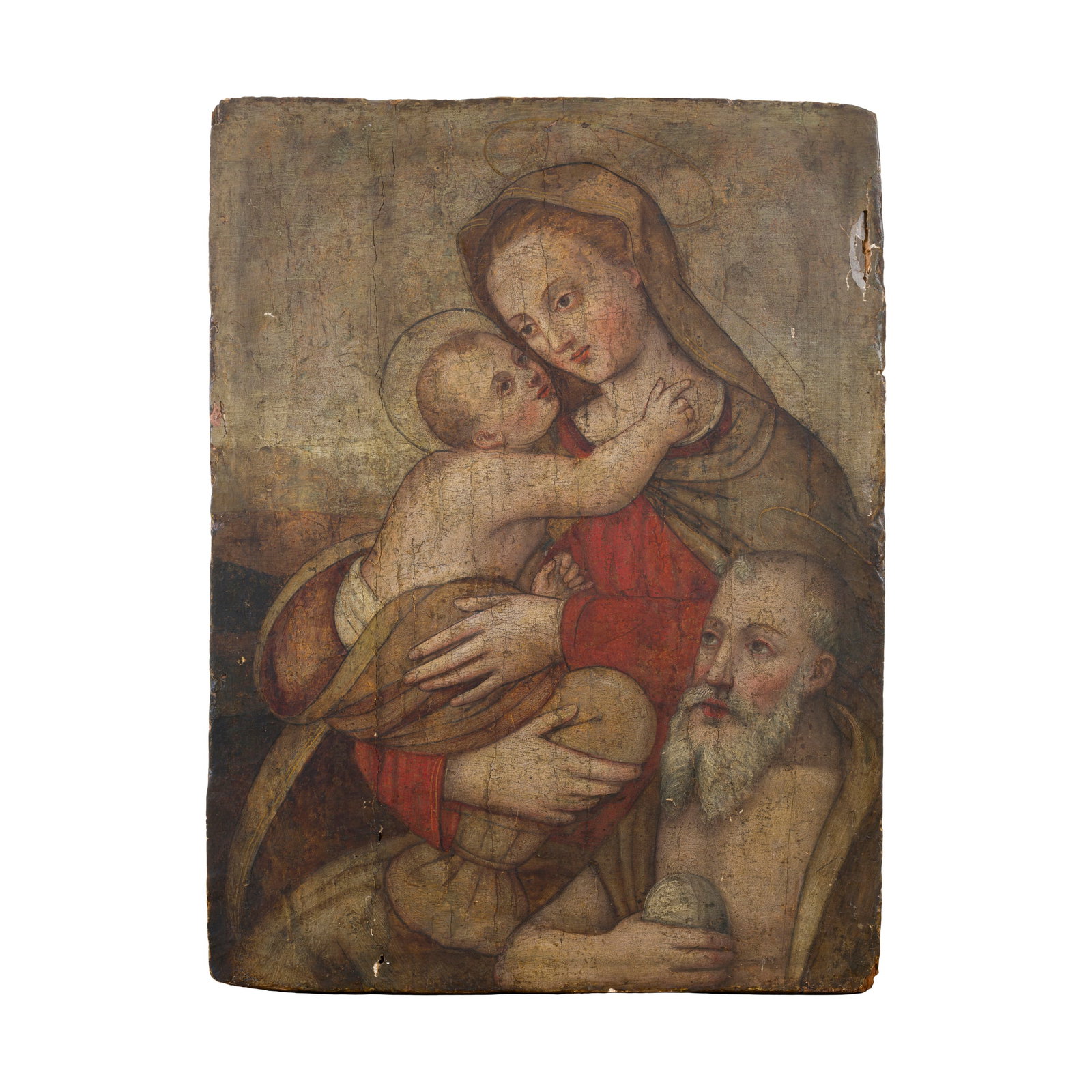 Scuola veneta del XVI secolo: Scuola veneta del XVI secolo Madonna col Bambino e San Girolamo Olio su tavola 47 x 35 cm Venetian school of the 16th century The Madonna and Child with Saint Jerome Oil on panel 47 × 35 cm