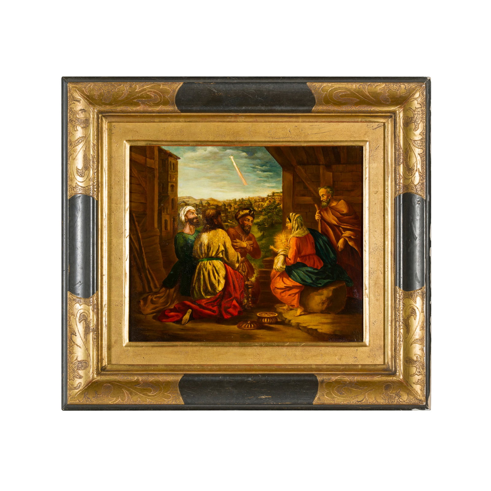 Scuola italiana del XVIII secolo: Scuola italiana del XVIII secolo Adorazione dei Magi Olio su rame 29 x 35 cm Italian school of the 18th century Adoration of the Magi Oil on copper 29 x 35 cm