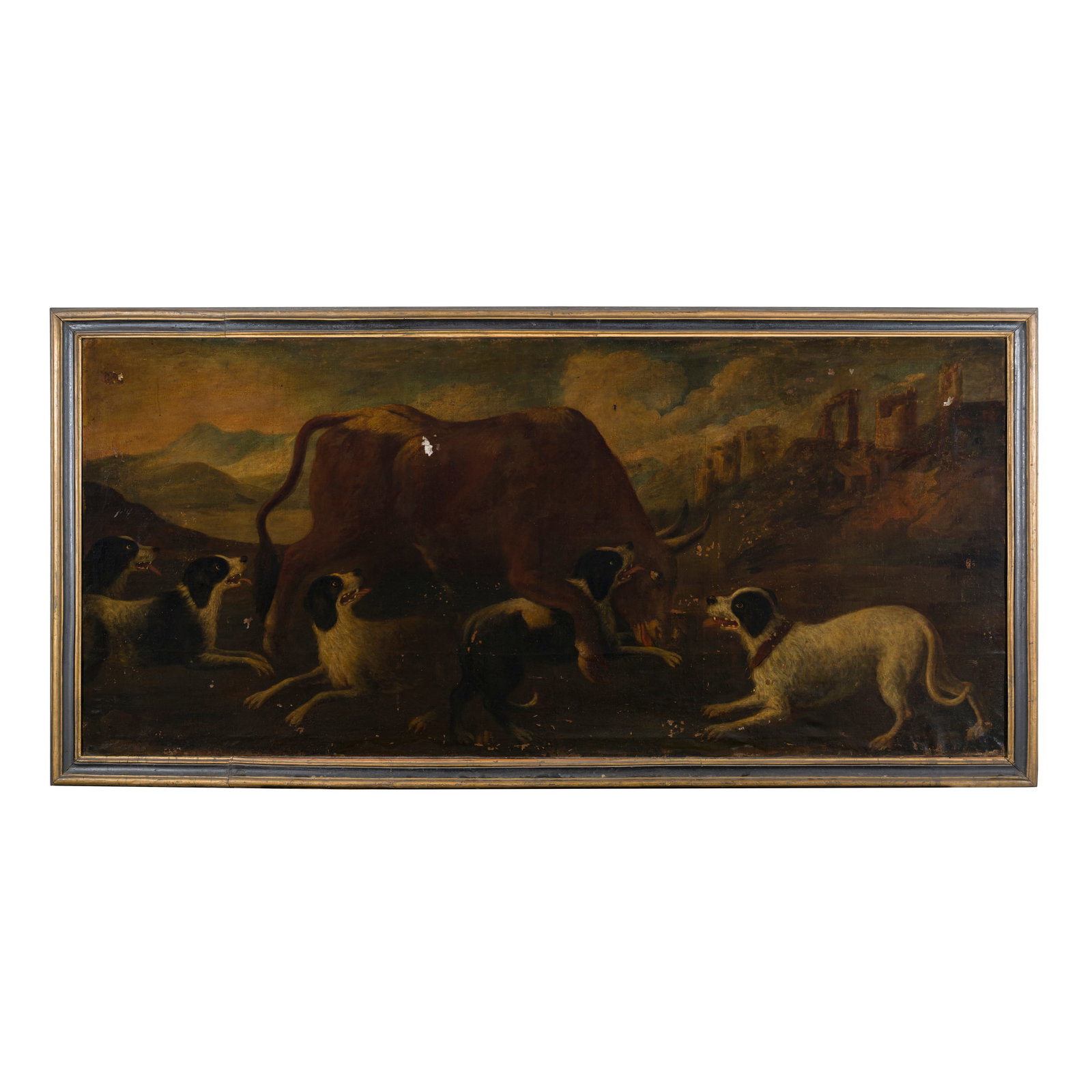 Philipp Peter Roos, Rosa da Tivoli (Sankt Goar 1657 - Roma 1706): Philipp Peter Roos, Rosa da Tivoli (Sankt Goar 1657 - Roma 1706) Combattimento tra un toro e dei cani Olio su tela 270 x 122,5 cm Figlio di Johann Heinrich, apprese da questi l'arte pittorica. Nel 167