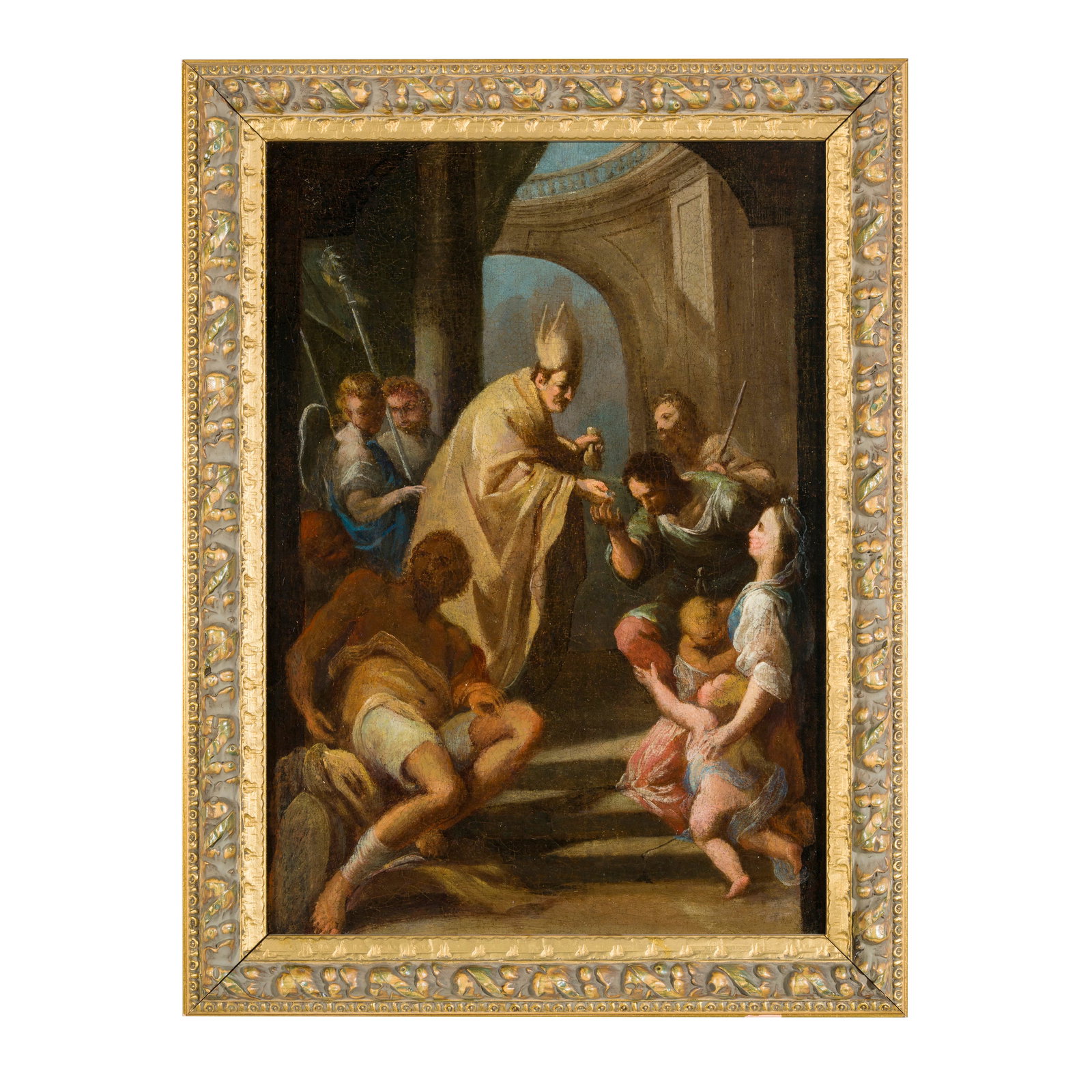 Scuola emiliana del XVIII secolo: Scuola emiliana del XVIII secolo Elemosina di San Tommaso da Villanova o Elemosina di San Geminiano Olio su tela 49 x 34 cm Emilian school of the 18th century The Almsgiving of Saint Thomas of Villano