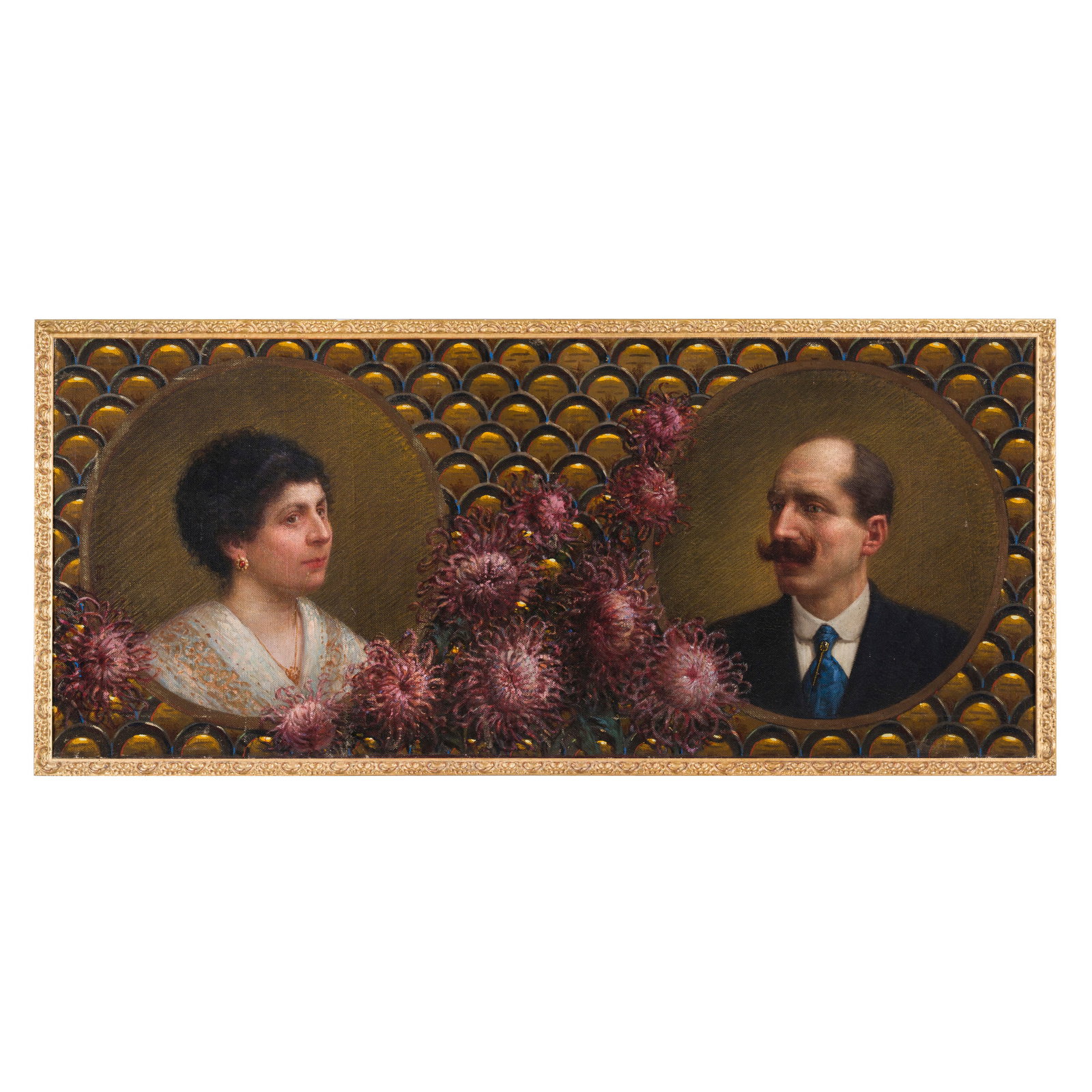 Scuola italiana del XIX/XX secolo: Scuola italiana del XIX/XX secolo Ritratto di moglie e marito Olio su tela 60 x 143 cm Italian school of the 19th/20th century Portrait of a Wife and Husband Oil on canvas 60 × 143 cm