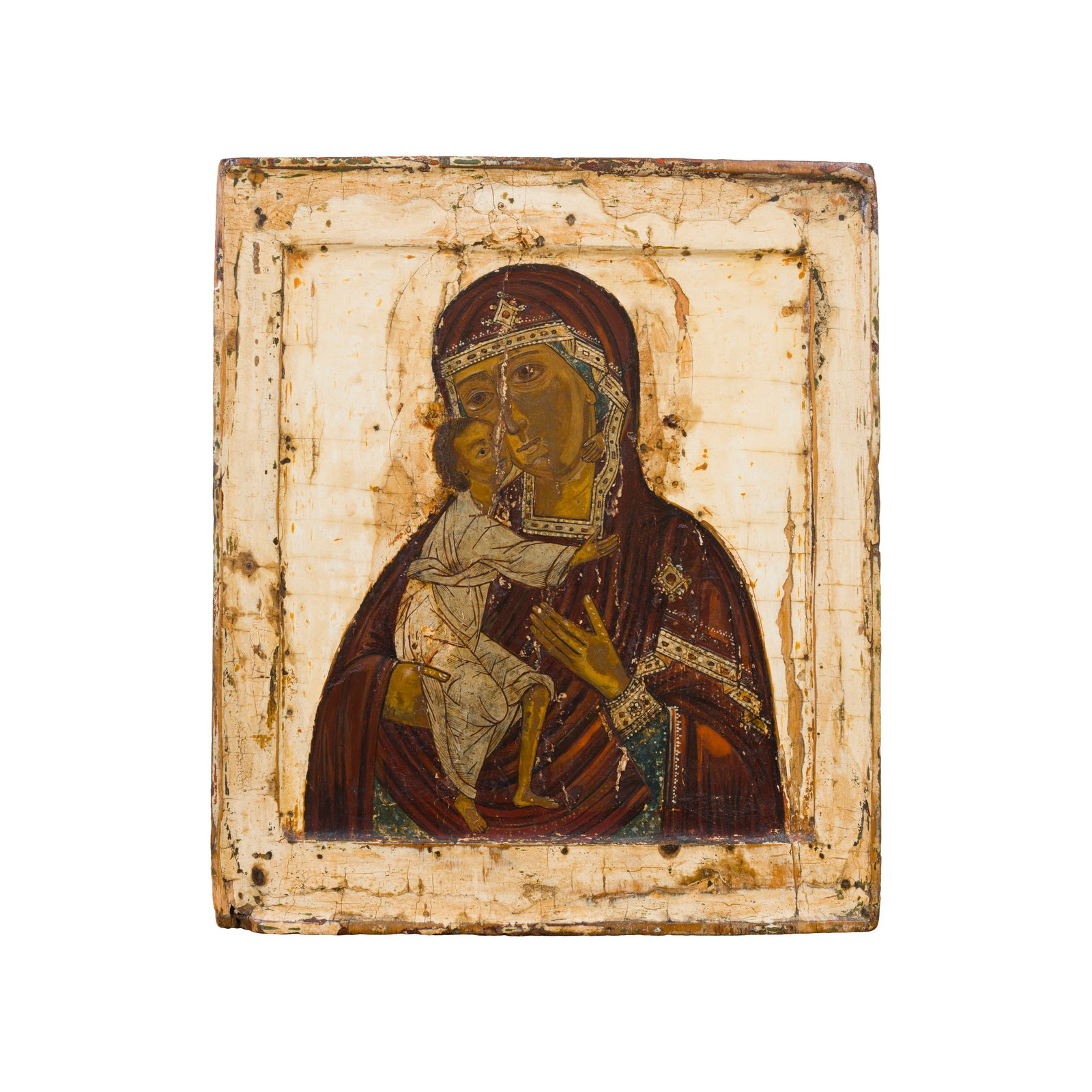Icona russa del XVIII secolo: Icona russa Madre di Dio di Fedorov Tempera su tavola Russia centrale, XVIII secolo 31 x 27 cm A Russian icon Mother of God of Fedorov Tempera on wood panel Central Russia, 18th century 31 × 27 cm
