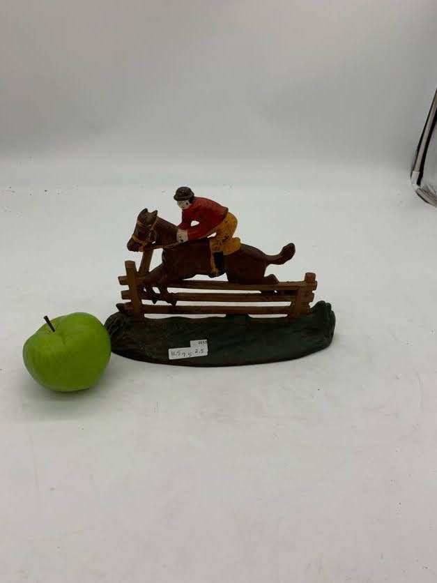 Vintage cast iron doorstop, Horse Jockey jumping fence (1 of 4)