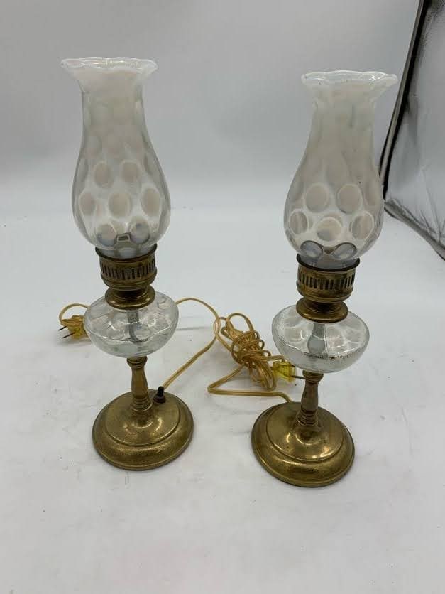 Pair glass & Brass Coin Dot Opalescent Hurricane Lamps Lantern Vanity: Pair glass & Brass Coin Dot Opalescent Hurricane Lamps Lantern Vanity