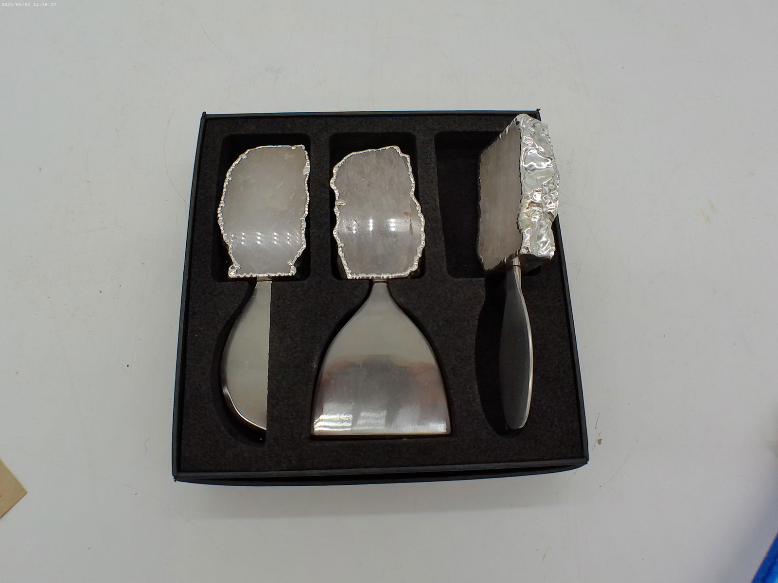 Anna New York Kiva Cheese Set Silver/Crystal: Anna New York Kiva Cheese Set Silver/Crystal *In-house domestic shipping for this item: $25.35