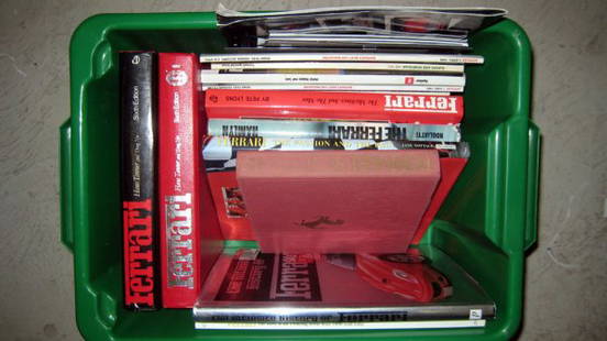 Selection of Italian Car Related Literature: To include a selection of Ferrari reference books, recent Lamborghini sales brochures & magazines featuring Italian cars together with two small artworks featuring Enzo Ferrari and Tazio Nuvolari.