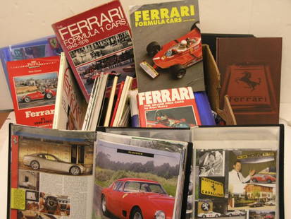 Assorted Ferrari Ephemera: To include a good collection of scrapbooks, press cuttings & reference books. Titles include 'Ferrari, The Grand Prix Cars' by Henry, 'Ferrari Formula One' by Thompson & 'Enzo Ferrari - Le Mythe' by