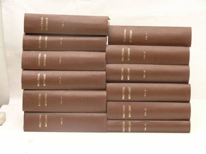 Twelve Bound Volumes of Practical Motorist: Professionaly rexine bound with gold lettering to spines. Well illustrated reference material, with all covers, in very good condition. 1934-40. (12)