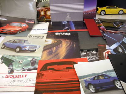 Assorted Sales Brochures: An excellent selection, with some early brochures. To include Lotus 7, Wolseley 1500, Ferrari Mondial Cabriolet & many more. Approximately 50 titles. Varied condition. (Qty)