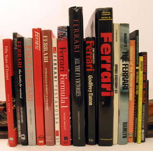 Quantity of Ferrari Books: Sixteen titles, to include 'Ferrari' by Eaton & 'Les Fabuleuses Ferrari' by Bellu. Primarily in good condition with dust jackets. Excellent selection. (Qty)