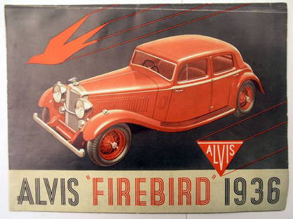 Alvis Firebird Sales Brochure: Original eight page fold out sales brochure for the Alvis Firebird model of 1936. Very attractive & in good original condition, save for one repaired fold.