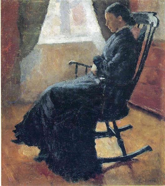Aunt Karen in the Rocking Chair 1883: Edvard Munch 1863-1944.Oil on canvas.47 x 41 cm.Superb condition with only minor old wear.Provenance : From a noted private collection in Bavaria, Germany.