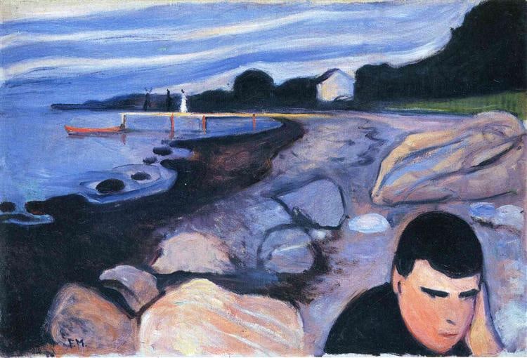 Melancholy 1892: Edvard Munch 1863-1944.Oil on canvas.64 x 96 cm.Good condition with signs of aged wear.Provenance : Mr.Jordi, Northern Virginia.