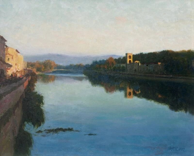 LIGHT ON THE RIVER ARNO: Jin Shangyi 1934.Oil on canvas.43.5by54cm.Superb condition with only minor old wear.Provenance :from a private collector in London.