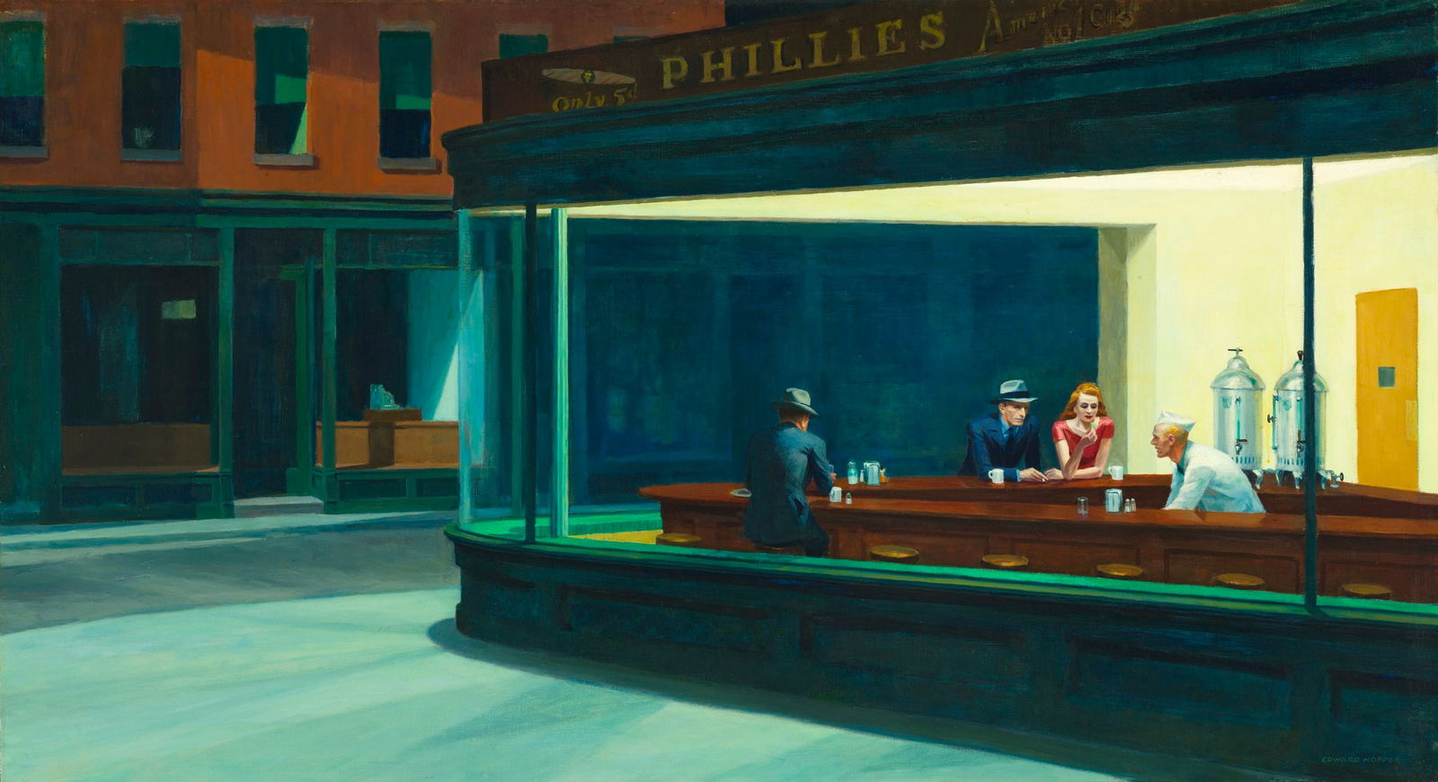 Nighthawks 1942: Edward Hopper 1882-1967. Oil on canvas.84.1 cm by 152.4 cm(33 1/8 in. by 60 in.)Good condition, commensurate with age. Provenance : Mrs. Blair, Newport Beach, California. Collected by her late husband