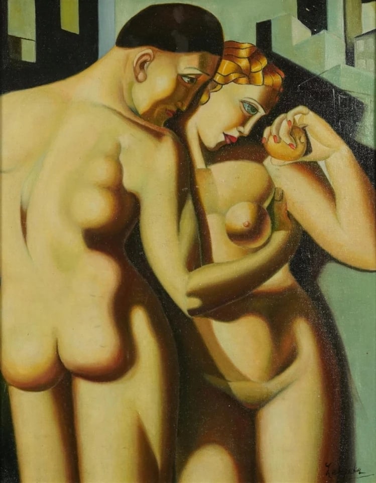 Manner of Tamara de Lempicka - Nude Art Deco style couple: Tamara de Lempicka 1898-1980.Oil on canvas.48cm x 38cm.Superb condition with only minor old wear.Provenance : from a private collector in Yokohama Japan.