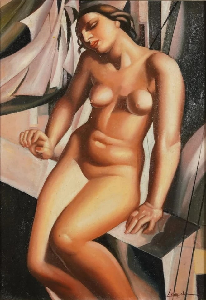 Manner of Tamara de Lempicka - Portrait of a nude Art Deco female: Tamara de Lempicka 1898-1980.Oil on canvas.48cm x 33cm.Superb condition with only minor old wear.Provenance :from a private collector in Yokohama Japan.
