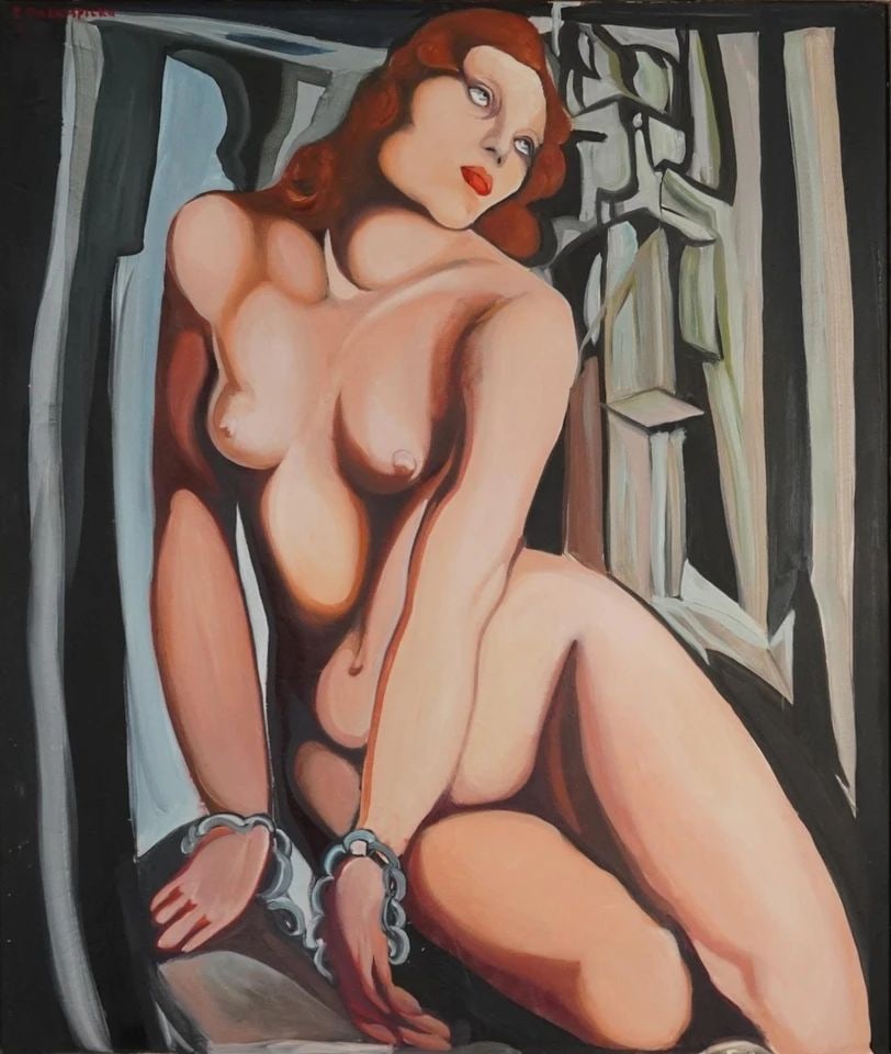 Nude Art Deco female: Tamara de Lempicka 1898-1980.Oil on canvas.90cm x 75cm.Very good condition with only minor old wear.Provenance : from a private collector in London.